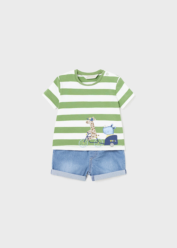 Green Strip Shirt w/ Demin Short SET