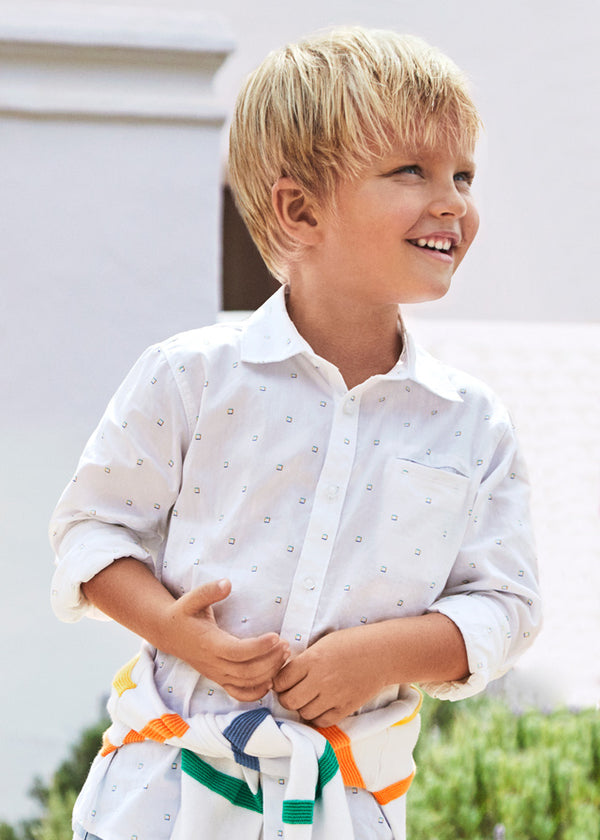 L/S White Square Print Button Up