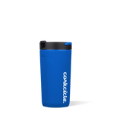 Gloss Royal Blue Cup is a blue silicone cup with "Corkcicle" written vertically in white. The cap part is black and the handle is blue. 