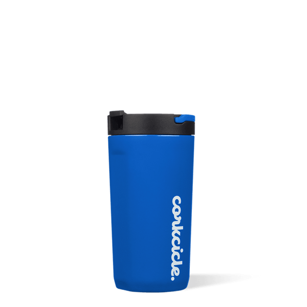Gloss Royal Blue Cup is a blue silicone cup with "Corkcicle" written vertically in white. The cap part is black and the handle is blue. 