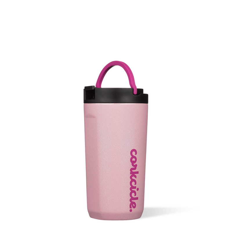 Cotton Candy Cup is a pale pink silicone cup with "Corkcicle" written vertically in pink. The cap part is black and the handle is pink. On the cap part, the pink handle is raised and the cup is upright.