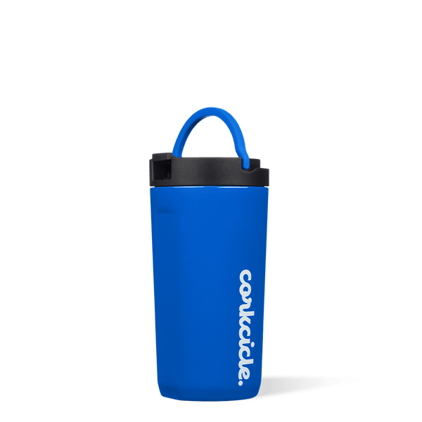 Gloss Royal Blue Cup is a blue silicone cup with "Corkcicle" written vertically in white. The cap part is black and the blue handle is raised. 